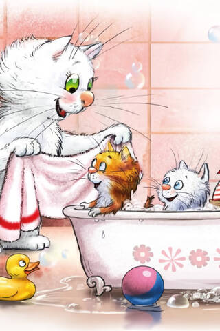 Открытка. Синие коты. Кошка купает котят