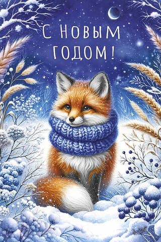 Открытка. С Новым годом! Лиса в шарфике