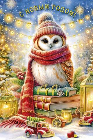 Открытка. С Новым годом! Сова в шапке и шарфе на книгах