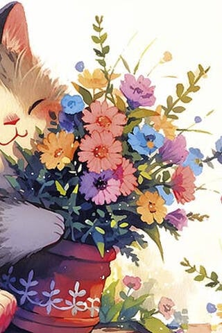 Конверт для денег. В День рождения! Котенок с цветами