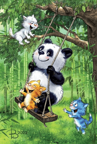 Postcard. Blue cats. Panda.