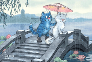 Postcard. Blue cats. Cats on the bridge.