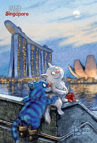 Postcard. Blue cats. Cats travel. Singapore.