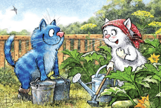 Postcard. Blue cats. Watering.