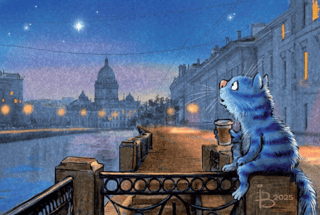 Postcard. Blue cats. Evening coffee alone.