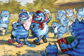 Postcard. Blue cats. Village dances.