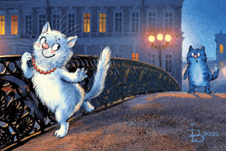 Postcard. Blue Cats. Date on the Bridge.