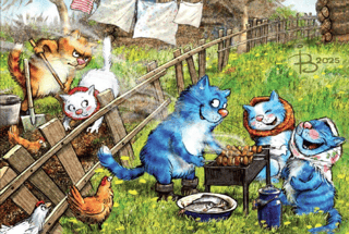 Postcard. Blue cats. Kebabs.