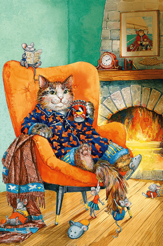 Postcard. Cat and mice by the fireplace.