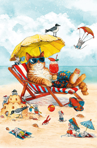 Postcard. Cat and mice on vacation
