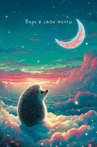 Postcard. Believe in your dreams. Hedgehog in the clouds.