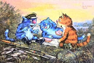 Postcard. Blue cats. Snack on the grass.