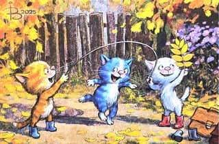 Postcard. Blue cats. Jumping rope.