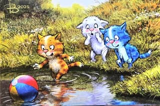 Postcard. Blue cats. Dropped a ball in the river.