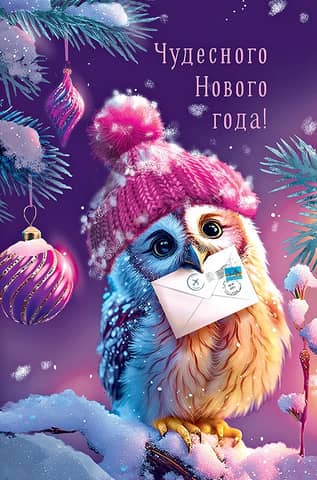 Postcard. Have a wonderful New Year! Owl with an envelope.