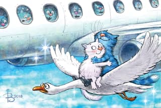 Postcard. Blue Cats. Goose Airlines.