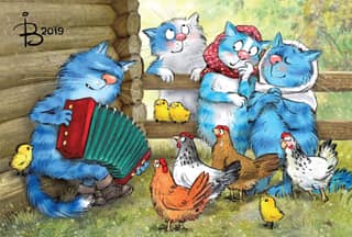 Postcard. Blue Cats. Accordion Cat