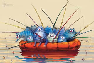 Postcard. Blue cats. Fishing cats.