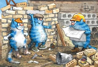 Postcard. Blue Cats. Construction Masters
