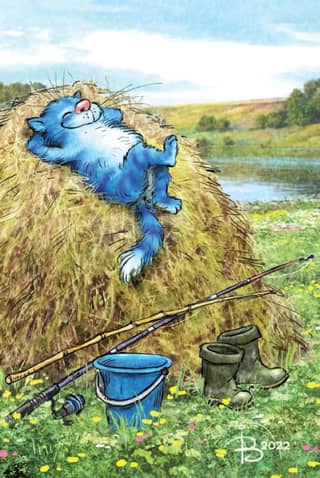 Postcard. Blue cats. Relaxing on the hay.