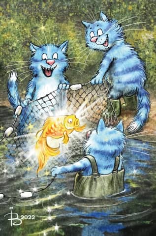 Postcard. Blue cats. Goldfish.