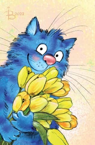 Postcard. Blue cats. Cat with a bouquet of tulips.