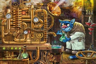 Postcard. Blue cats. Laboratory