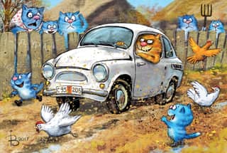 Postcard. Blue cats. Car driver cat.