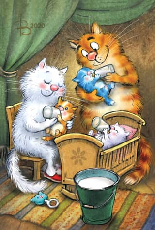 Postcard. Blue cats. Feeding kittens.
