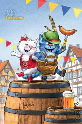 Postcard. Blue cats. Cats travel. Germany
