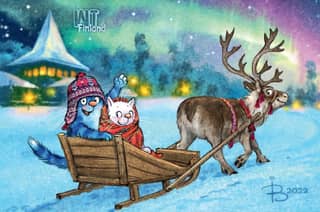 Postcard. Blue cats. Cats travel. Finland.