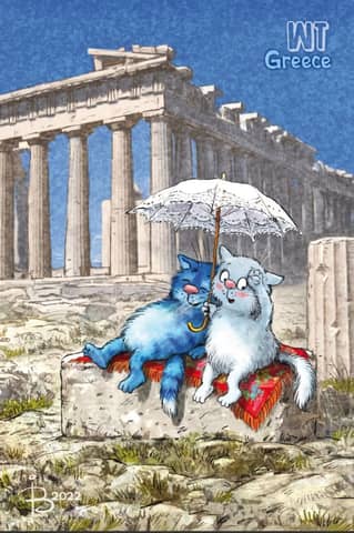 Postcard. Blue cats. Cats travel Greece.