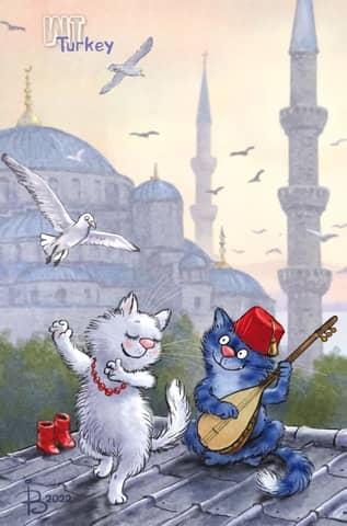 Postcard. Blue cats. Cats travel. Türkiye.