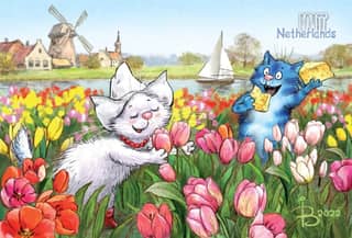 Postcard. Blue cats. Cats travel. The Netherlands.