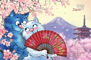 Postcard. Blue cats. Cats travel Japan.