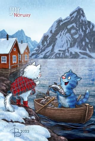 Postcard. Blue cats. Cats travel. Norway.