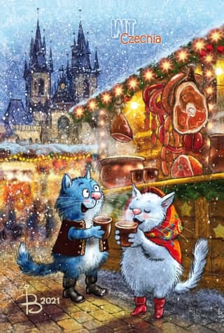 Postcard. Blue cats. Cats travel. Czech Republic