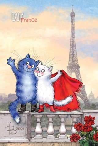 Postcard. Blue cats. Cats travel. France.