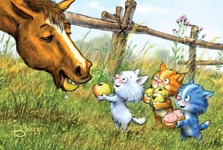 Postcard. Blue cats. Kittens feeding a horse.