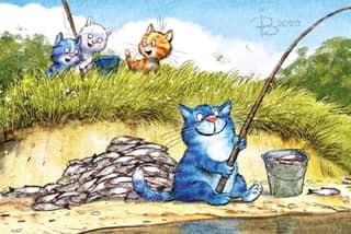 Postcard. Blue Cats. Lucky Fisherman.