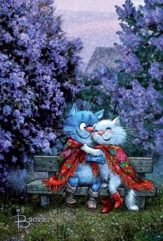 Postcard. Blue Cats. Date Under the Lilacs.