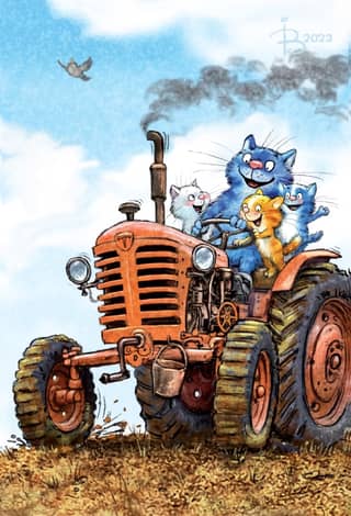 Postcard. Blue cats. Cats on a tractor.