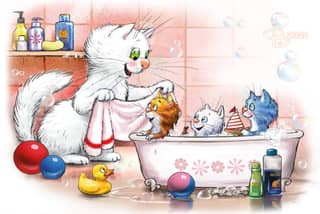 Postcard. Blue cats. A cat bathes her kittens.