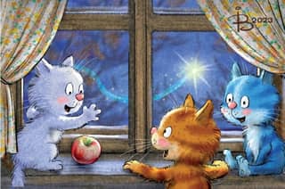 Postcard. Blue Cats. Three Kittens Under the Window.