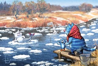Postcard. Blue cats. Mermaid on an ice floe.