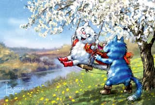 Postcard. Blue cats. Under a blossoming apple tree.