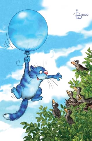 Postcard. Blue cats. On a balloon.