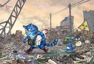 Postcard. Blue cats. Beware of radiation.