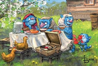 Postcard. Blue cats. Visiting grandparents.