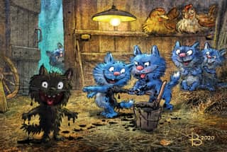 Postcard. Blue cats. Grimy cats.